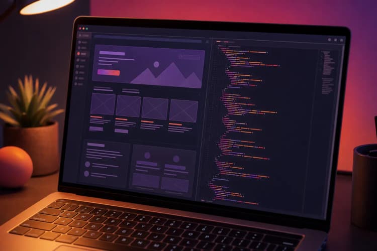 Um close-up de um laptop aberto mostrando um site em construção com código na tela.