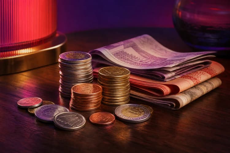 Uma pilha de moedas de diferentes valores e notas de dinheiro em cima de uma mesa de madeira.