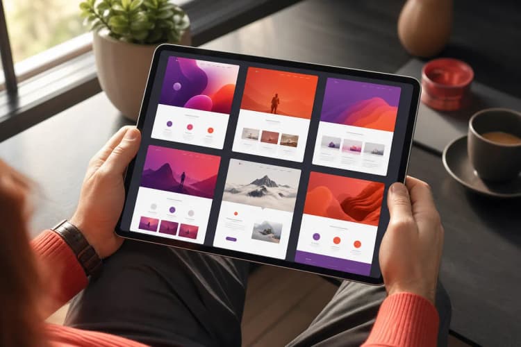 Uma pessoa escolhendo entre diferentes opções em um tablet em um ambiente de escritório.