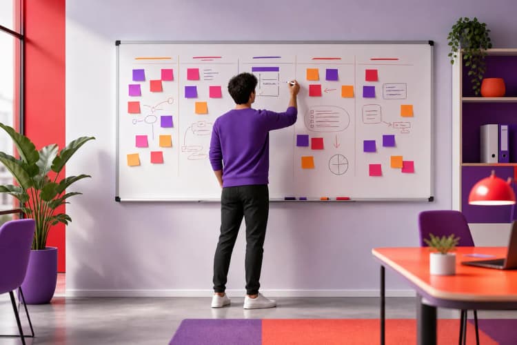 Uma pessoa planejando em um quadro branco com post-its e marcadores.