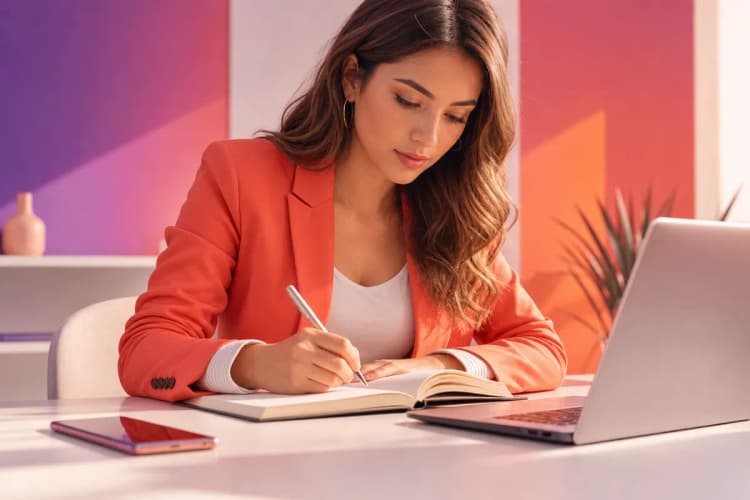 Uma mulher de negócios escreve em um caderno em sua mesa, com um laptop e um smartphone ao lado, em um ambiente de escritório claro.