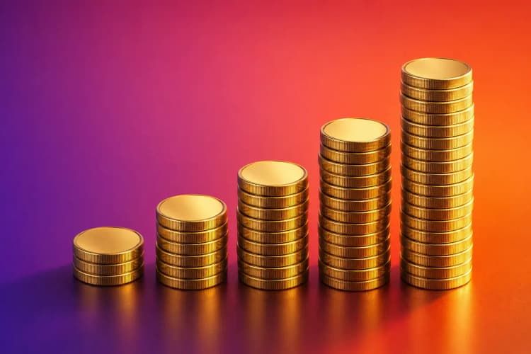 Um gráfico de barras ascendente feito de moedas de ouro empilhadas, simbolizando crescimento financeiro e sucesso de negócios.
