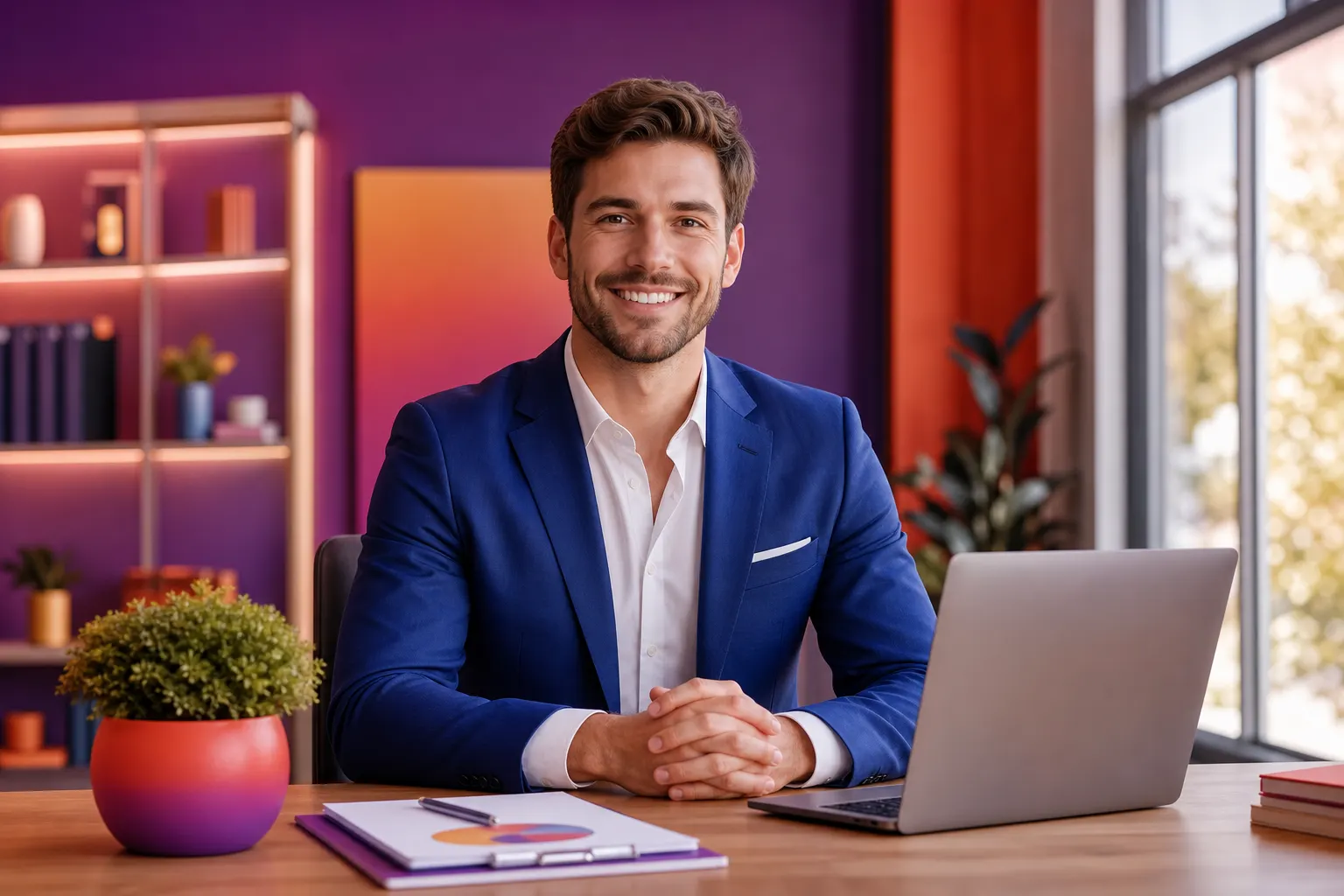 Um homem de negócios sorri para a câmera, com um laptop aberto em sua mesa de escritório com plantas e papéis.