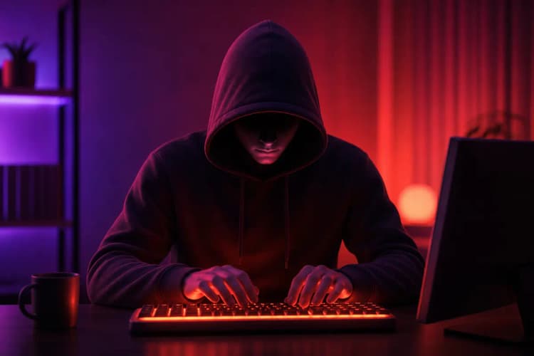 Um hacker em silhueta, com capuz, em frente a um teclado iluminado, representando ameaças à segurança de dados em sites.