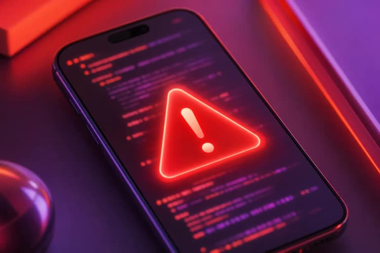 Um smartphone exibindo um alerta de segurança piscando, com um fundo desfocado de código, representando riscos em aplicativos.
