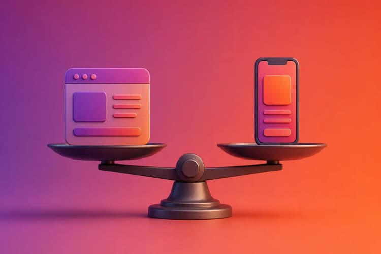 Uma balança com um ícone de site de um lado e um ícone de aplicativo do outro, ambos equilibrados, representando a comparação de segurança.