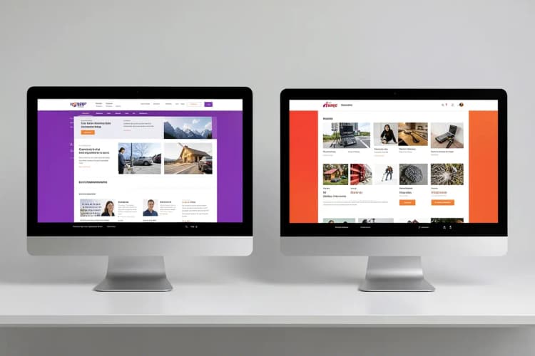 Comparação lado a lado de um site profissional organizado e um site amador desorganizado em telas de computador.