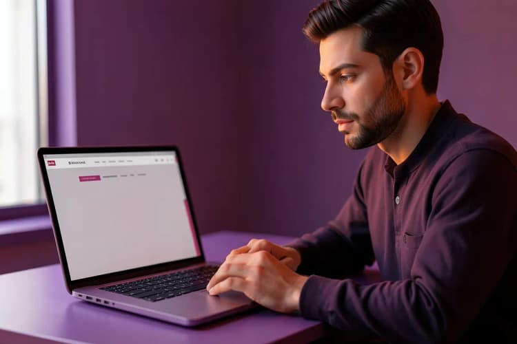 Empreendedor pensativo olhando para um laptop exibindo um site profissional moderno e funcional.