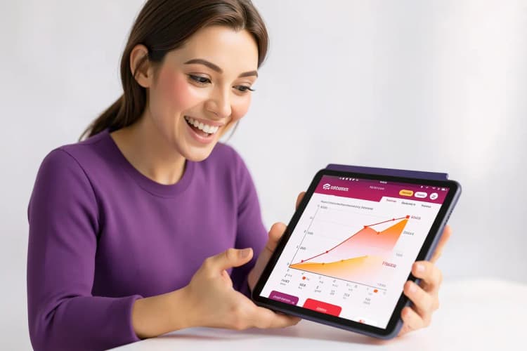 Pessoa sorrindo enquanto olha para um gráfico de crescimento em um tablet, representando o retorno sobre o investimento de um site profissional.
