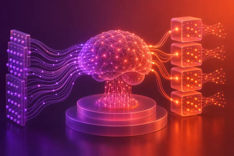 Diagrama abstrato mostrando conexões neurais e fluxos de dados.