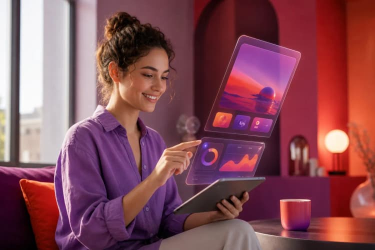 Pessoa sorrindo enquanto interage com uma interface de site futurista em um tablet.