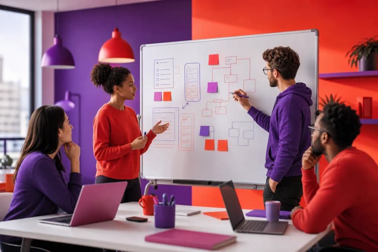 Equipe de desenvolvedores colaborando em um quadro branco com diagramas.