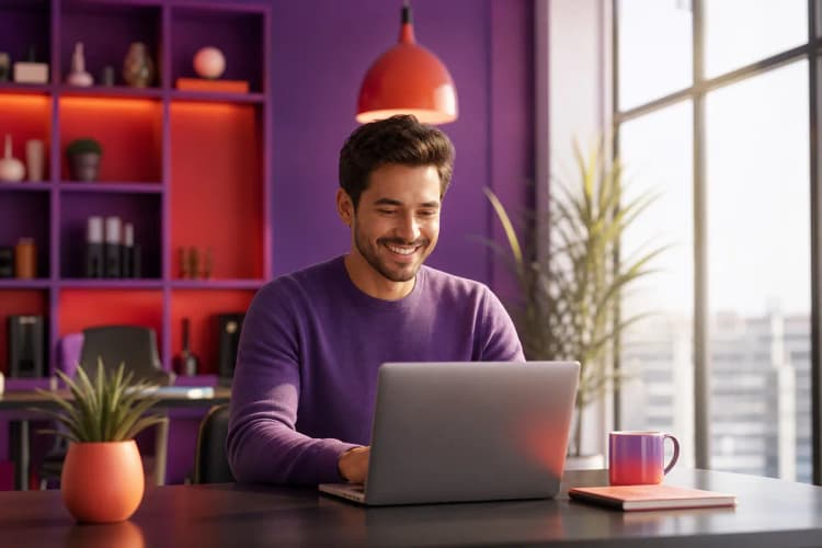 Uma pessoa sorrindo, usando um laptop em um ambiente de escritório moderno, com luz natural entrando pela janela.