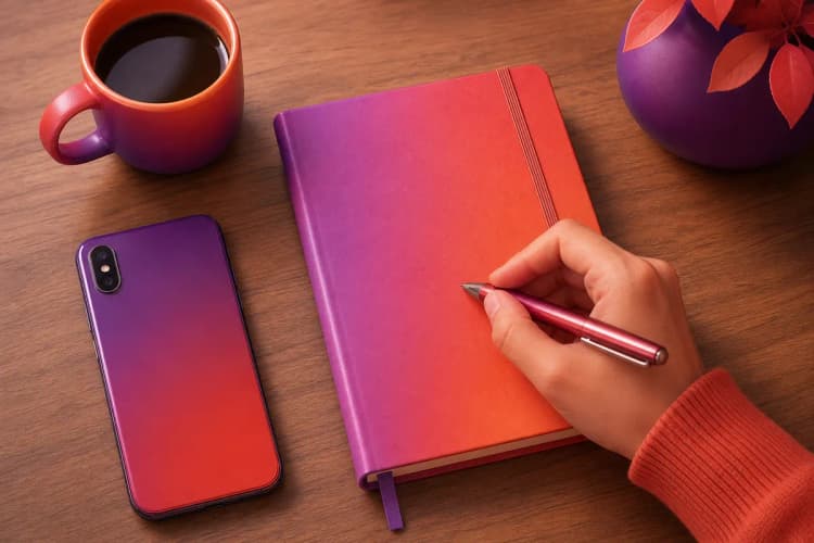 Uma mão escrevendo em um caderno fechado ao lado de um smartphone e um copo de café em uma mesa de madeira.