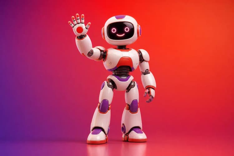 Um robô amigável acenando com a mão, em frente a um fundo desfocado de ícones de tecnologia.