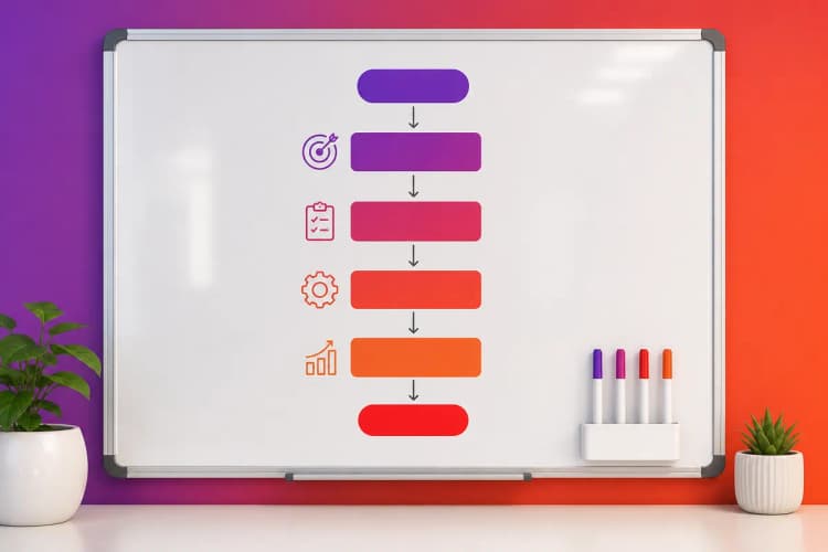 Um diagrama de fluxo simples mostrando etapas de implementação em um quadro branco, com marcadores coloridos ao lado.